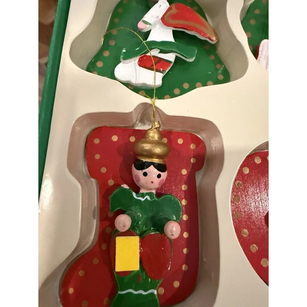 Vintage Christmas 12 Wooden Ornaments Hand Made Hand Painted 3-4
